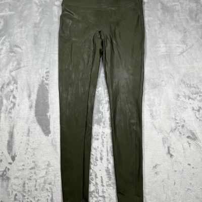 Spanx SZ M olive green high waisted sculpting Faux Leather metallic leggings